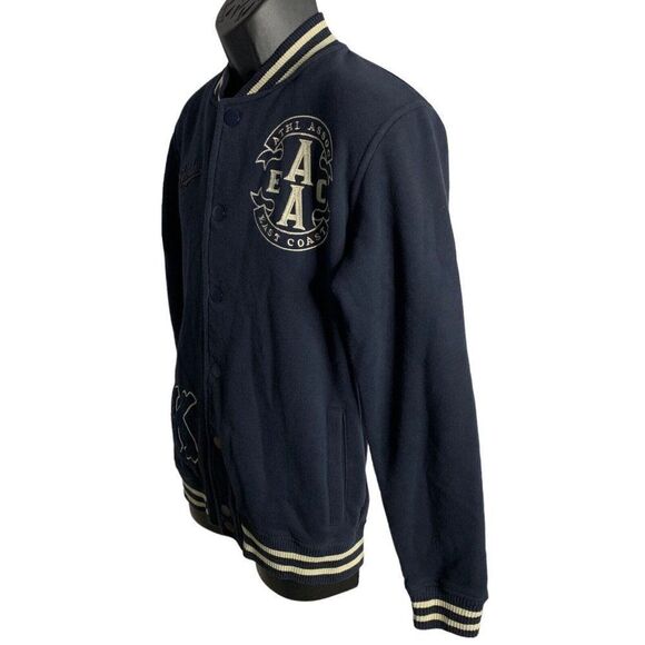 Superdry Varsity Bomber Jacket L Blue Embroidered Snaps Pockets Fleece Lined - Picture 7 of 8